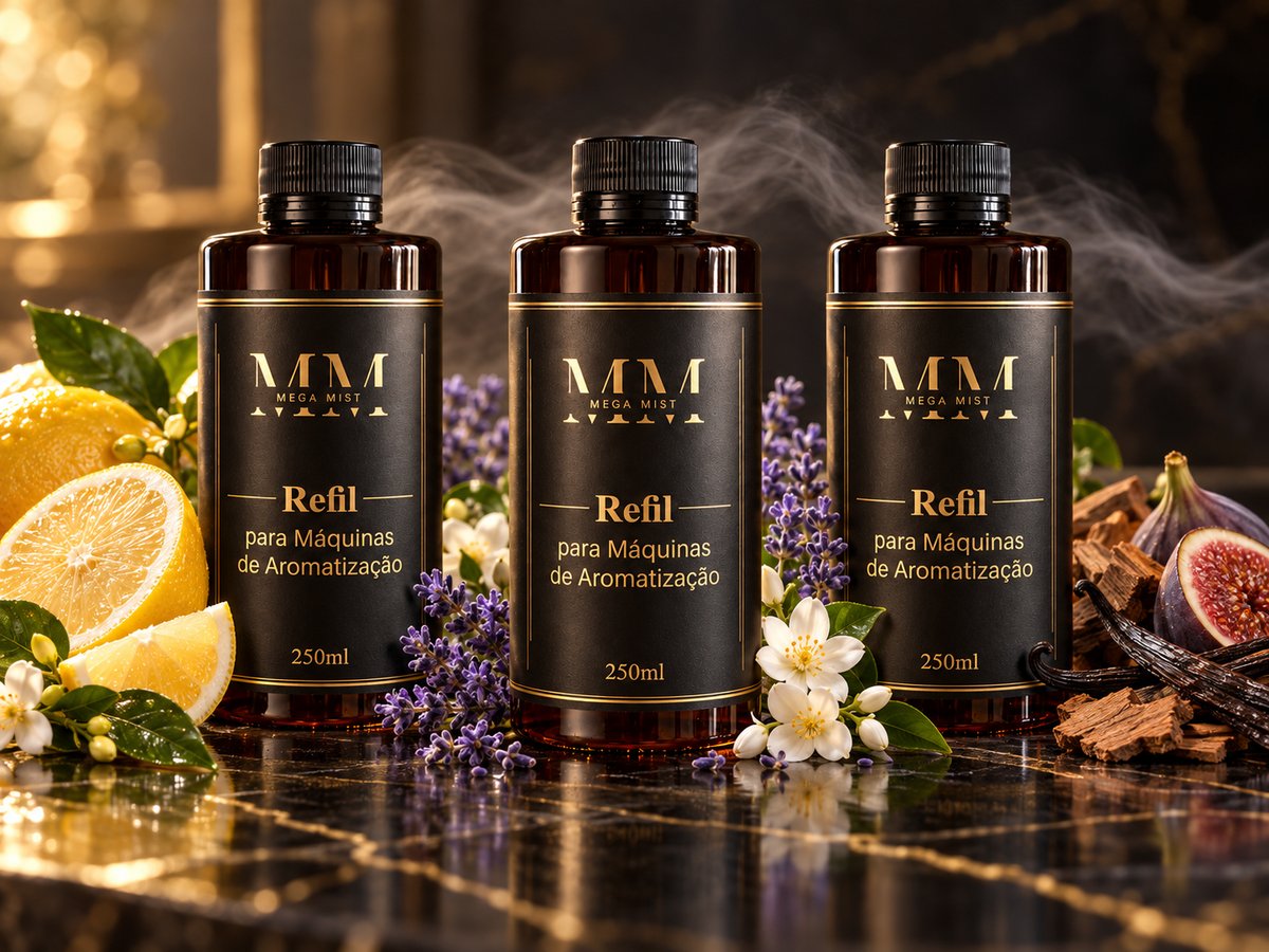 Três refis Mega Mist com ingredientes de aromas cítricos, florais e amadeirados
